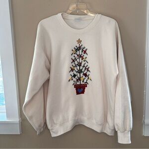 Hand-stitched Cream Sweatshirt with Festive Tree Design & Buttons Size 2X